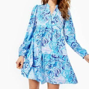 illy Pulitzer Winona Fishful Thinking Bermuda Blue Tiered Shift Dress EUC